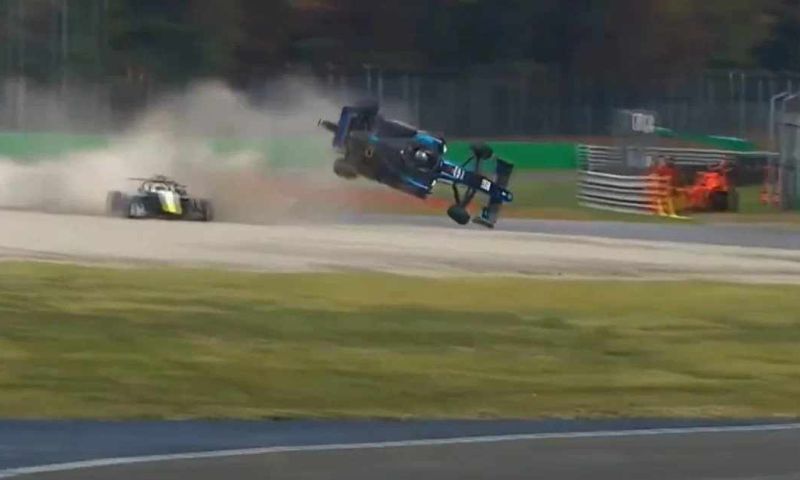 Formula 3 car slides across track: Halo proved a saving grace again