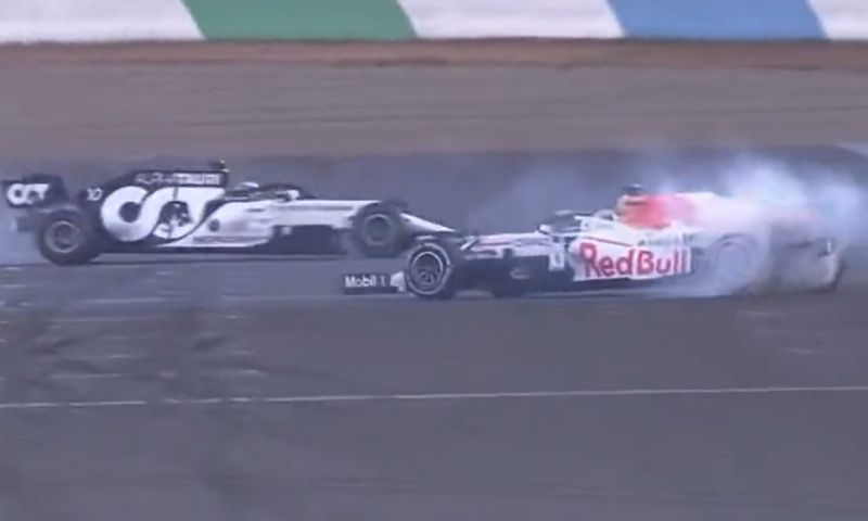 Verstappen and Gasly doing decent donuts during Honda Racing Thanks Day