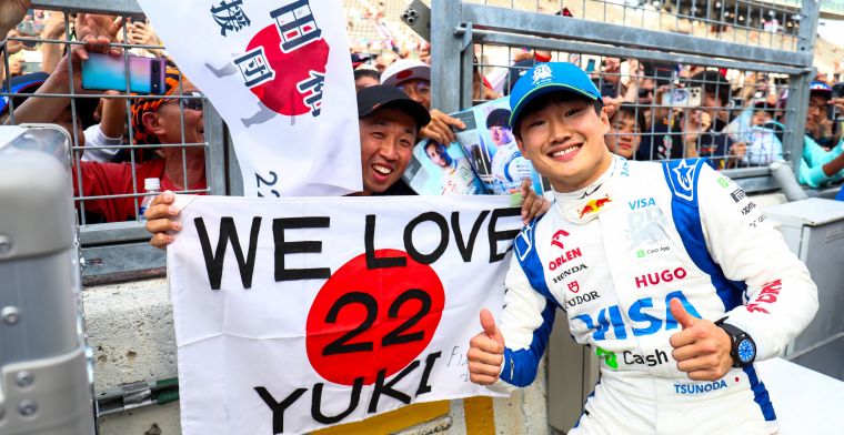 Tsunoda laughs with Verstappen and Sainz at fans in Japan